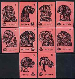 Match Box Labels - complete set of 10 Dogs (set #6 salmon background) very fine unused condition (Yugoslavian Drava series)