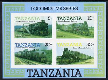 Tanzania 1985 Locomotives unmounted mint imperf colour proof of m/sheet in blue, yellow & black only (SG MS 434)