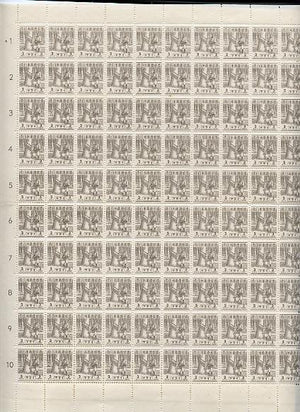 Malaya - Japanese Occupation 1943 Tapping Rubber 3c drab complete folded sheet of 100, a scarce survivor unmounted mint SG J299