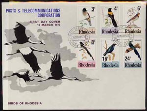 Rhodesia 1977 Birds 2nd series perf set,of 6 on Official illustrated unaddressed cover with first day cancel SG 537-42