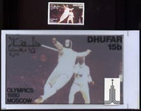 Dhufar 1980 Moscow Olympic Games - Original artwork for 15b value (Fencing) comprising coloured photograph on board of main design (165 mm x 100 mm) with value and inscriptions on overlay, plus issued label