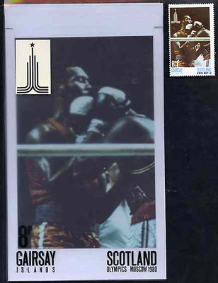 Gairsay 1980 Moscow Olympic Games - Original artwork for 8p value (Boxing) comprising coloured photograph on board of main design (100 mm x 165 mm) with value and inscriptions on overlay, plus issued label