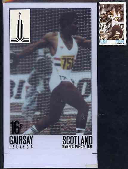 Gairsay 1980 Moscow Olympic Games - Original artwork for 16p value (Discus) comprising coloured photograph on board of main design (100 mm x 165 mm) with value and inscriptions on overlay, plus issued label