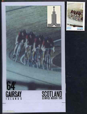 Gairsay 1980 Moscow Olympic Games - Original artwork for 64p value (Cycling) comprising coloured photograph on board of main design (100 mm x 165 mm) with value and inscriptions on overlay, plus issued label