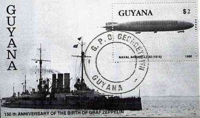Guyana 1988 150th Anniversary of Birth of Graf Zeppelin $2 m/sheet (Battleship & Zeppelin LZ92) very fine cto used