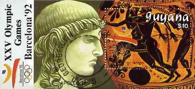 Guyana 1989 Barcelona Olympic Games $10 m/sheet (Running - detail of Black-figure Greek Pot & Statue Head) very fine cto used