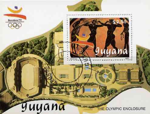 Guyana 1989 Barcelona Olympic Games $2.55 m/sheet (Boxing - detail of Black-figure Greek Pot & Olympic Enclosure) very fine cto used