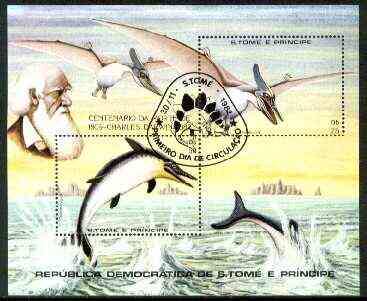 St Thomas & Prince Islands 1982 Death Centenary of Charles Darwin m/sheet (Prehistoric Animals) very fine cto used Mi BL 98