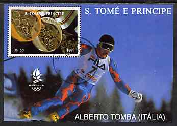 St Thomas & Prince Islands 1992 Albertville Winter Olympics '92 Skiing 50Db m/sheet #3 (Alberto Tomba) very fine cto used