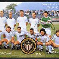 St Thomas & Prince Islands 1990 Football World Cup 50Db perf m/sheet (USA Team & Emblem) very fine cto used