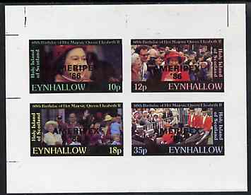 Eynhallow 1986 Queen's 60th Birthday imperf sheetlet containing set of 4 values (10p, 12p, 18p & 35p) opt'd AMERIPEX '86 in black unmounted mint