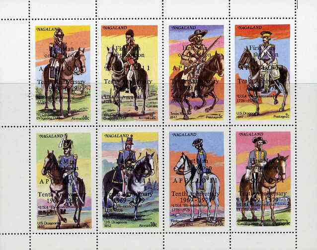 Nagaland 1976 USA Bicentenary (Military Uniforms - On Horseback) complete perf,set of 8 values opt'd First Man on the Moon in black unmounted mint