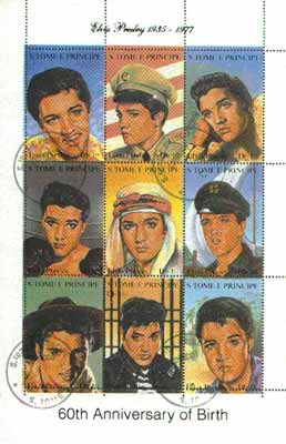 St Thomas & Prince Islands 1995 60th Birth Anniversary of Elvis Presley sheetlet containing complete set of 9 values very fine cto used
