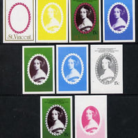 St Vincent 1987 Ruby Wedding 15c (young Queen Victoria) set of 9 imperf progressive proofs comprising 4 individual colours plus various composites (as SG 1079) unmounted mint
