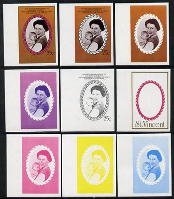 St Vincent 1987 Ruby Wedding 75c (Queen & Prince Andrew) set of 9 imperf progressive proofs comprising 4 individual colours plus various composites (as SG 1080) unmounted mint