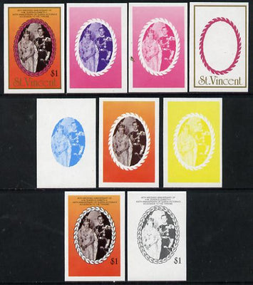 St Vincent 1987 Ruby Wedding $1 (Coronation) set of 9 imperf progressive proofs comprising 4 individual colours plus various composites (as SG 1081) unmounted mint