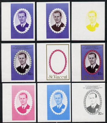 St Vincent 1987 Ruby Wedding $2.50 (Duke of Edinburgh) set of 9 imperf progressive proofs comprising 4 individual colours plus various composites (as SG 1082) unmounted mint