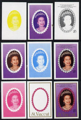 St Vincent 1987 Ruby Wedding $5 (The Queen) set of 9 imperf progressive proofs comprising 4 individual colours plus various composites (as SG 1083) unmounted mint