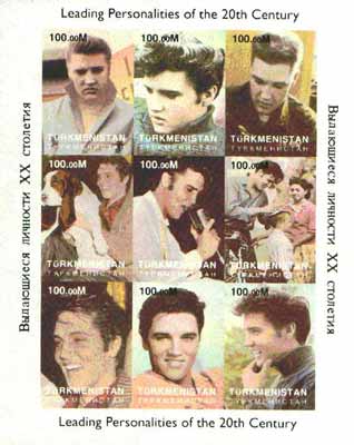Turkmenistan 1998 Leading Personalities of the 20th Century (Elvis Presley) imperf sheetlet containing complete set of 9 values unmounted mint