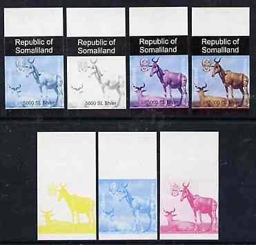 Somaliland 1997 Hartbeest 5,000 SL (from Animal def set) set of 7 imperf progressive proofs comprising the 4 individual colours plus 2, 3 and all 4-colour composites unmounted mint