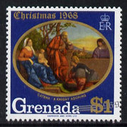 Grenada 1969 Christmas 1969 $1 value unmounted mint with silver (new date) misplaced obliquely appearing at the bottom of stamp instead of at top