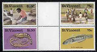 St Vincent 1986 Freshwater Fishing set of 4 in se-tenant gutter block of 4 from uncut archive sheet, folded on perfs but unmounted mint and very scarce, (SG 1045-48)