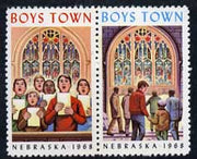 Cinderella - United States 1968 Boys Town, Nebraska fine unmounted mint set of 2 labels showing boys choir & Stained Glass Church window