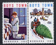 Cinderella - United States 1962 Boys Town, Nebraska fine mint set of 2 labels showing Tractor hauling Christmas Tree and Boy praying unmounted mint