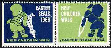 Cinderella - United States 1963 Crippled Children Easter Seals, fine mint set of 2 labels showing Children on Crutches unmounted mint