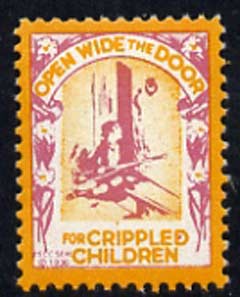 Cinderella - United States Crippled Children fine mint label showing crippled child at door inscribed 'Open Wide the Door' (text without shading)*