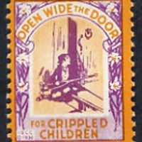 Cinderella - United States Crippled Children fine mint label showing crippled child at door inscribed 'Open Wide the Door' (text with shading) unmounted mint