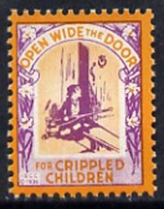 Cinderella - United States Crippled Children fine mint label showing crippled child at door inscribed 'Open Wide the Door' (text with shading) unmounted mint