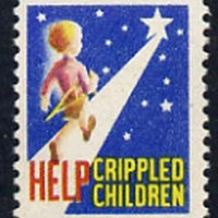 Cinderella - United States Crippled Children fine mint label showing Boy carrying his crutches walking towards the stars