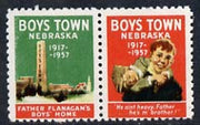 Cinderella - United States 1957 Boys Town, Nebraska fine mint set of 2 labels showing 2 boys & monument inscribed Father Flanagan's Boys Home