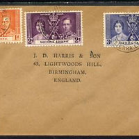 Sierra Leone 1937 KG6 Coronation set of 3 on cover with first day cancel addressed to the forger, J D Harris.,Harris was imprisoned for 9 months after Robson Lowe exposed him for applying forged first day cancels to Coronation cov……Details Below