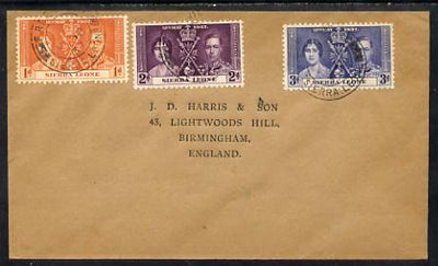 Sierra Leone 1937 KG6 Coronation set of 3 on cover with first day cancel addressed to the forger, J D Harris.,Harris was imprisoned for 9 months after Robson Lowe exposed him for applying forged first day cancels to Coronation cov……Details Below