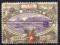 Switzerland 1896 Geneva Philatelic Exhibition perforated label showing River scene, on gummed paper