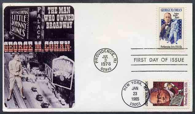 United States 1978-85 Double Franked illustrated cover for George M Cohan (The Man who owned Broadway) and Jerome Kern both with appropriate cancels