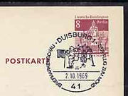 Postmark - West Berlin 1969 8pfg postal stationery card with special Duisburg cancellation for the Moon Flight illustrated with Astronauts with Flag in front of Moon landing vehicle