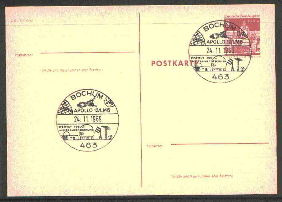Postmark - West Berlin 1969 8pfg postal stationery card with special Bochum cancellation for Apollo 12 flight,illustrated with Lunar Module and view of Space Research Institute at Bochum