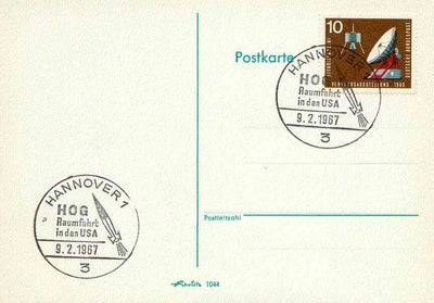 Postmark - West Berlin 1967 postcard with special cancellation for Space Travel & Space Research in the USA, illustrated with Rocket & Initials HOG (Hermann Oberth Society)