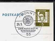 Postmark - West Berlin 1967 postcard bearing 5pfg stamp with special cancellation for Meeting of Friends of the German Philatelic Society illustrated with Brandenburg Gate & Statue of Liberty
