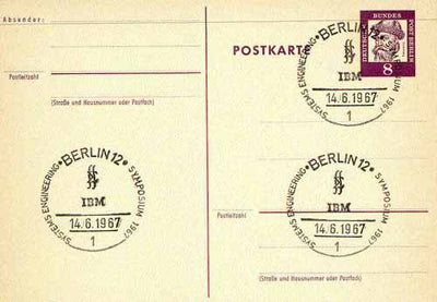 Postmark - West Berlin 1967 postcard bearing 8pfg stamp with special cancellation for Systems Engineering Symposium illustrated with IBM Insignia