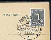 Postmark - West Germany 1966 postcard bearing 1pfg stamp with special cancellation for the First Boeing 727 Pan-Am Flight between Hamburg and West Berlin illustrated with 727 aircraft