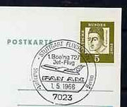 Postmark - West Germany 1966 postcard bearing 5pfg stamp with special cancellation for the First Boeing 727 Pan-Am Flight between Stuttgart and West Berlin illustrated with 727 aircraft