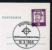 Postmark - West Berlin 1968 postcard bearing 8pfg stamp with special cancellation for the Presentation of the Wilhelm Bölsche Prize by the Cosmos Society illustrated with the Cosmos symbol