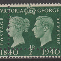 Great Britain 1940 Stamp Centenary 1/2d green unmounted mint with perforations doubled (stamp is quartered) interesting forgery. Note: the stamp is genuine but the additional perfs are a slightly different gauge identifying it to be a forgery.