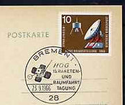 Postmark - West Germany 1966 postcard bearing 10pfg stamp with special cancellation for HOG 15th Rocket & Space Travel Congress illustrated with Artificial Satellite