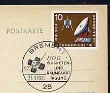 Postmark - West Germany 1966 postcard bearing 10pfg stamp with special cancellation for HOG 15th Rocket & Space Travel Congress illustrated with Artificial Satellite