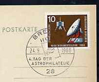 Postmark - West Germany 1966 postcard bearing 10pfg stamp with special cancellation for Fourth Astrophilately Day illustrated with Stylised stamp with Rocket & Globe